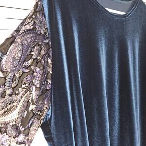 Blue Velvet Paisley Floral Long Sleeve Uneven Hem Tunic Boho Cottage Boutique L